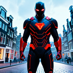 **

A dynamic, full-body shot of a Supertron hero in a sleek, modern suit. The suit incorporates futuristic design elements like embedded LED lighting and subtle technological enhancements. The color scheme blends a powerful red with accents of cool blue. In the background, hints of Amsterdam's architecture are visible, subtly blending the heroic aesthetic with a familiar Dutch cityscape. The overall impression should be a blend of high fashion and superhero functionality, emphasizing empowerment and cutting-edge design.

**
