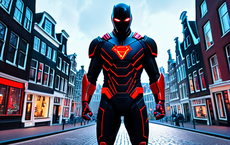 **
A dynamic, full-body shot of a Supertron hero in a sleek, modern suit. The suit incorporates futuristic design elements like embedded LED lighting and subtle technological enhancements. The color scheme blends a powerful red with accents of cool blue. In the background, hints of Amsterdam's architecture are visible, subtly blending the heroic aesthetic with a familiar Dutch cityscape. The overall impression should be a blend of high fashion and superhero functionality, emphasizing empowerment and cutting-edge design.
**
